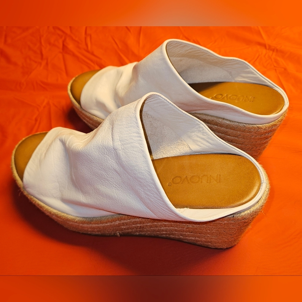 INUOVO Espadrille White Leather Slip-On Mule w/Jute-Wrapped Platform Heel sz39EU